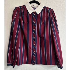 Vintage Striped Burgundy and Navy Blouse with Ecru cream  Collar